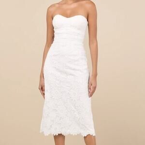 Lulus NWOT Aramis White Embroidered Lace Strapless Bustier Midi Dress Large